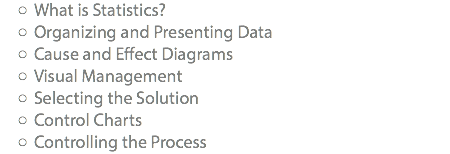 What is Statistics? Organizing and Presenting Data Cause and Effect Diagrams Visual Management Selecting the Solution Control Charts Controlling the Process